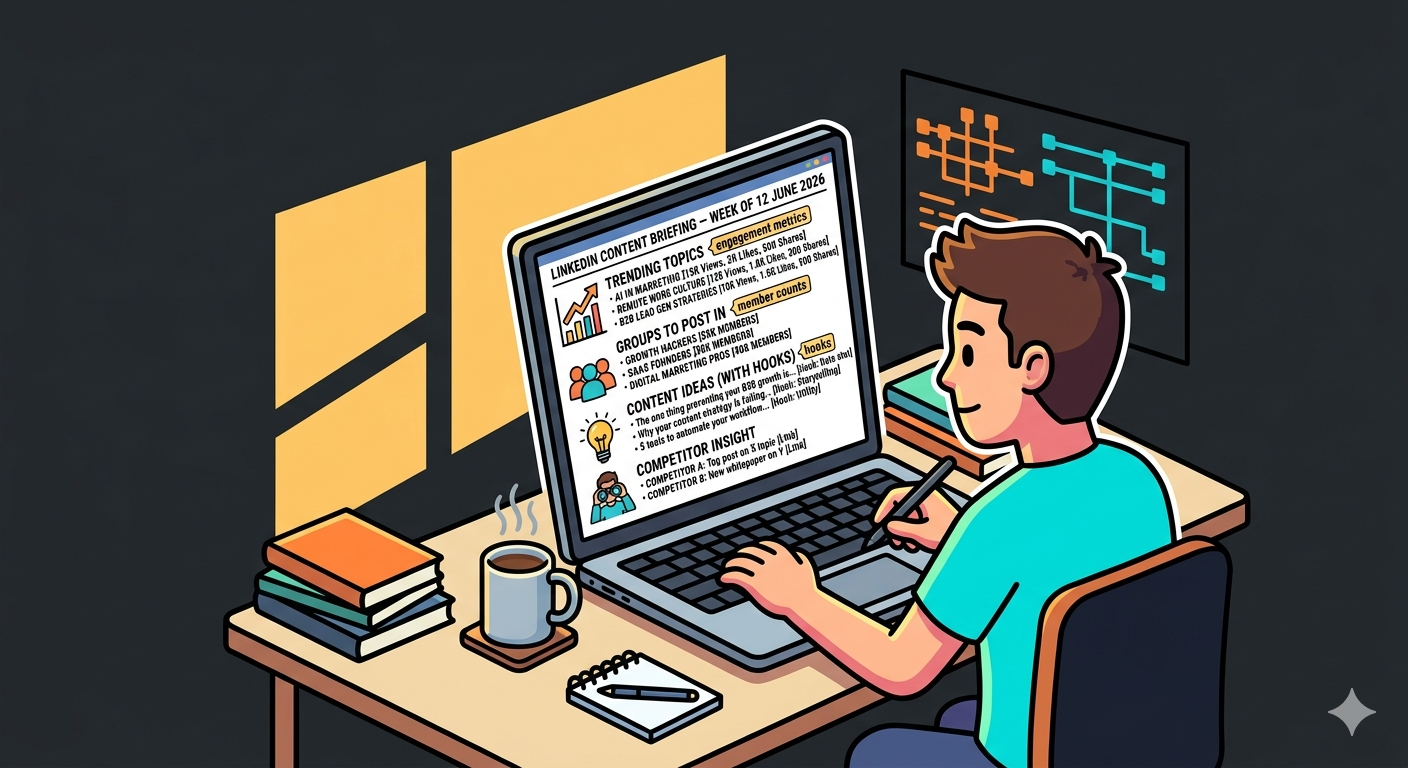 A clean visual of a Monday morning inbox: a single structured briefing email on a laptop screen titled "LinkedIn Content Briefing — Week of [date]" with clearly labelled sections: Trending Topics (with engagement metrics), Groups to Post In (with member counts), Content Ideas (with hooks), and Competitor Insight. The scene is calm — coffee cup, morning light, the user reading, not scrambling. This is what "having an AI that works persistently" looks like in practice.