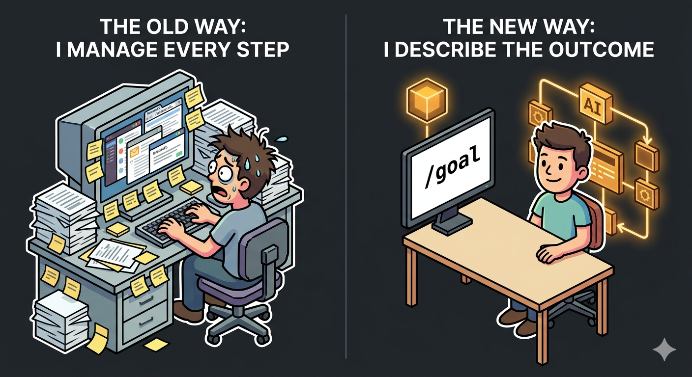 A split visual comparison: left side shows the old way — a stressed person at a desk surrounded by sticky notes, multiple chat windows, email drafts, research tabs open, clearly overwhelmed by coordination. Right side shows the new way — the same person calm, one clean screen showing /goal with a single outcome description, while behind them a visual representation of the AI (geometric, clean, glowing amber) works through a structured pipeline of tasks automatically. The contrast between "I manage every step" and "I describe the outcome, it handles the rest."