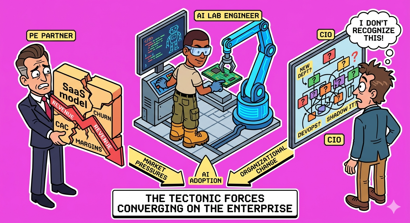 Illustration of three forces converging: a PE partner holding a cracked SaaS model, an AI lab engineer in work boots on a factory floor, and a CIO staring at an org chart they don't recognise