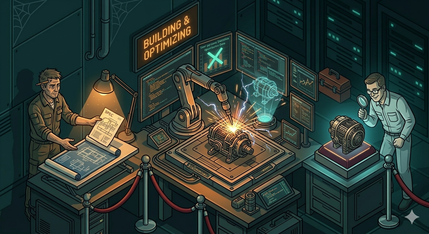 A three-stage assembly line: a human hands a detailed blueprint to a robotic arm, the arm does complex work in the middle, and another human inspects the final product with a magnifying glass