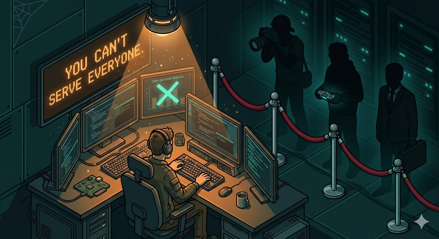 A spotlight illuminating a single developer at a desk, while a crowd of other personas — creatives, gamers, enterprise execs — fade into the shadows behind a velvet rope