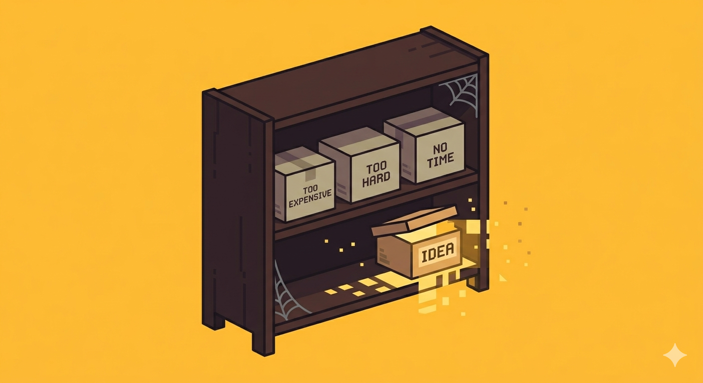 A dusty wooden shelf with old labelled boxes sitting on it, but one box has been pulled forward and is glowing with warm amber light — the ideas you shelved are waking up