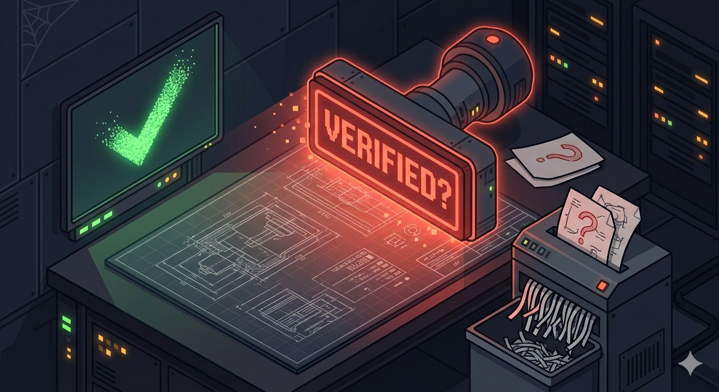 A giant red verification stamp hovering over a complex blueprint, with a checkmark on one side and a shredded document on the other — verify or kill