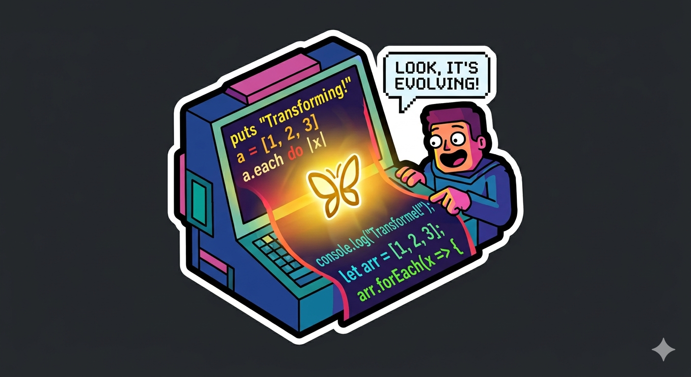 A glowing futuristic terminal with code streaming past, the Claude Fable butterfly logo rendered in golden light as code transforms around it