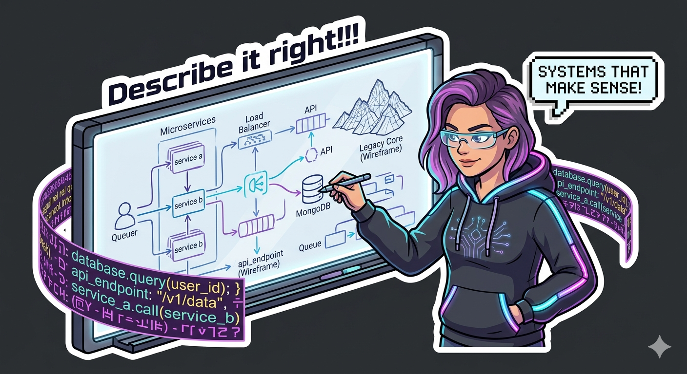 super smart cool looking developer wearing a cool hoodie with neon light strips, drawing on a whiteboard system architecture diagrams. The title on the board at the top says "Describe it right!!!"