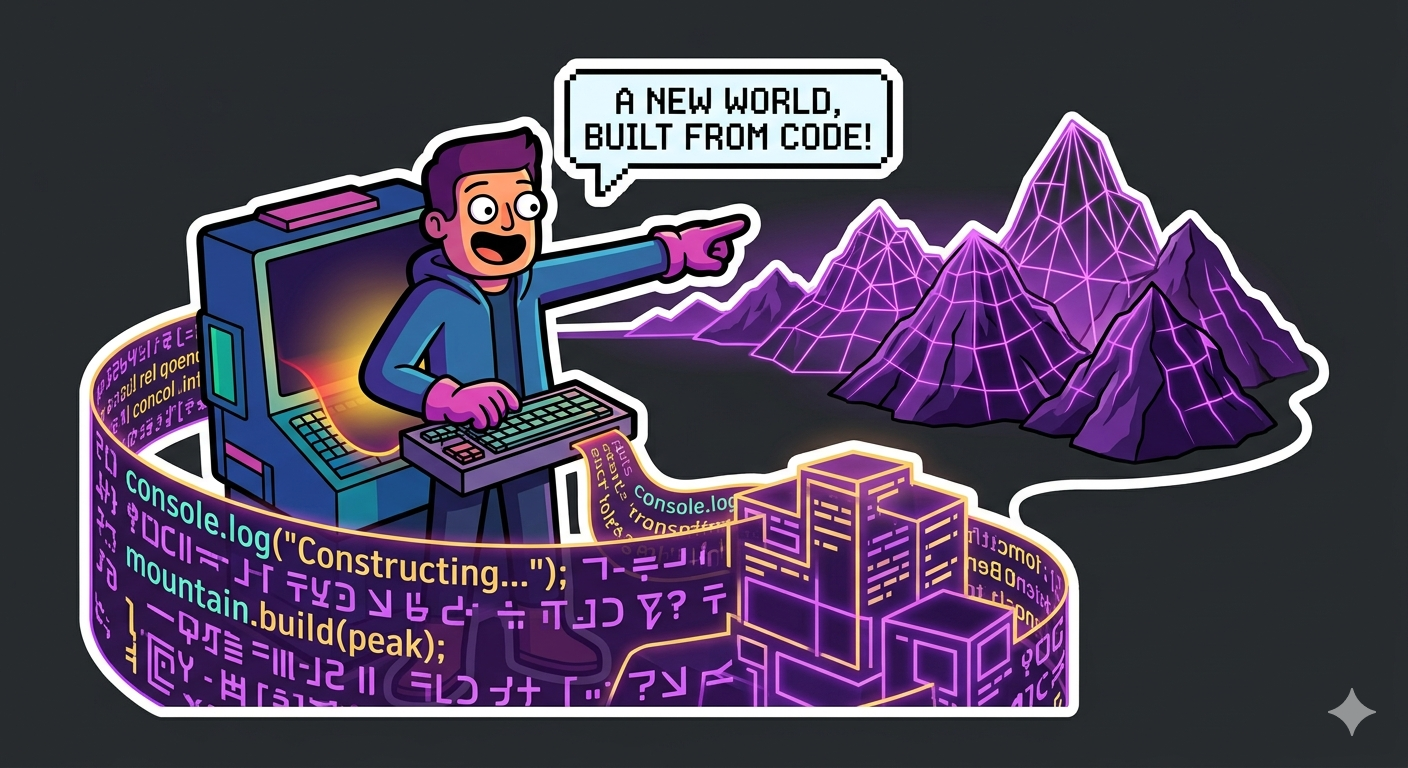 a person standing tall, arm extended pointing toward a mountain on the horizon, code building itself autonomously in the foreground, new mountains appearing from code.