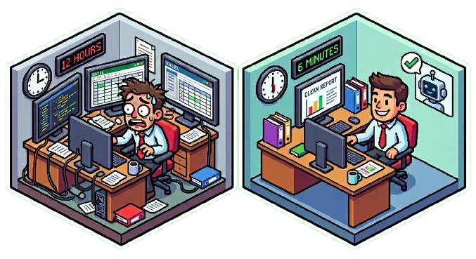 A before-and-after visual: left side shows a stressed operations manager surrounded by three separate screens with different systems, Excel open, clock showing 12 hours. Right side shows the same person relaxed, reviewing a single clean report on one screen, an AI agent icon in the corner with a checkmark. The clock now shows 6 minutes. The visual tells the story of task absorption at a glance