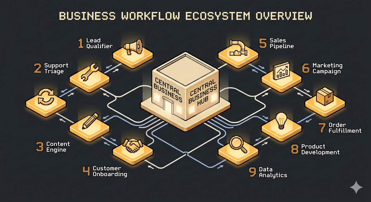 A visual overview showing all 10 workflows as interconnected nodes around a central business hub. Each workflow is a small icon with a number (1-10) and a short label (Lead Qualifier, Support Triage, Content Engine, etc.). Lines connect related workflows where data flows between them. The visual shows these aren't isolated automations — they form a system. Style: clean infographic feel, dark background, amber/gold nodes for the workflows, subtle connecting lines in muted white/blue. Professional but not busy. If 10 is too many, focus on 5-6 key ones as a representative sample