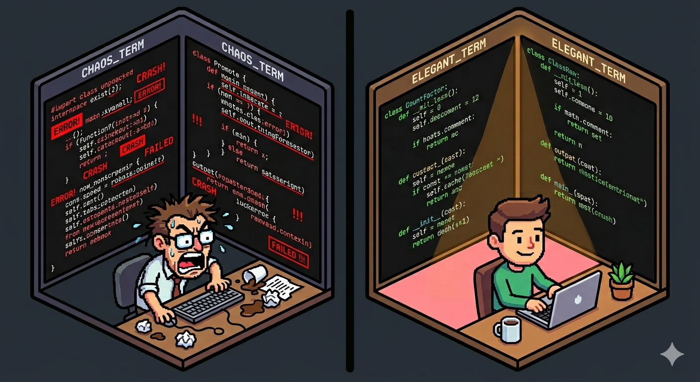 a simple pixel art 3D isometric cartoon of a split-screen terminal view, left side showing messy cluttered code with red error highlights, right side showing clean elegant code with green highlights. Dark theme coding environment. The contrast should be stark and immediate — left feels chaotic and overwhelming, right feels calm and precise. Warm amber accent lighting on the right side. keep it simple, but not bare. bold thick black outlines, clean minimalist vector art style, meme political cartoon aesthetic, vibrant saturated colors, exaggerated facial features, simple clean lines, sticker-like graphic design, solid bright pink background color #E941BB with no gradients, no shading, no texture