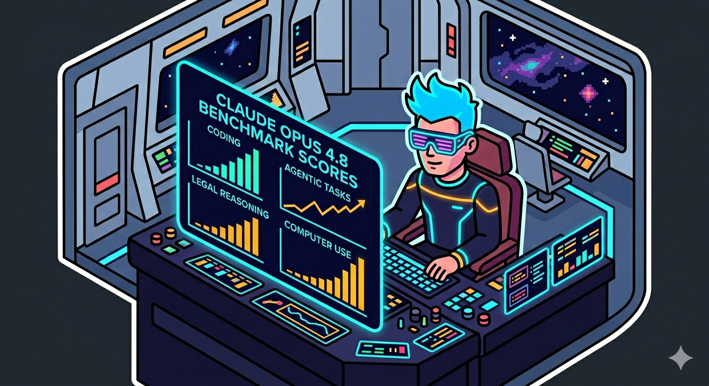 a simple pixel art 3D isometric cartoon of a A futuristic command center on a spaceship, with a male, cool neon blue hair, wearing cyber punk neon glasses, operating a dashboard showing Claude Opus 4.8 benchmark scores climbing dramatically across multiple categories — coding, agentic tasks, legal reasoning, computer use. Dark UI with electric blue and amber data visualizations. The aesthetic should feel like mission control on the bridge of the Enterprise (startrek) for AI development. keep it simple, but not bare. bold thick black outlines, clean minimalist vector art style, meme political cartoon aesthetic, vibrant saturated colors, exaggerated facial features, simple clean lines, sticker-like graphic design, solid bright pink background color #23272B with no gradients, no shading, no texture