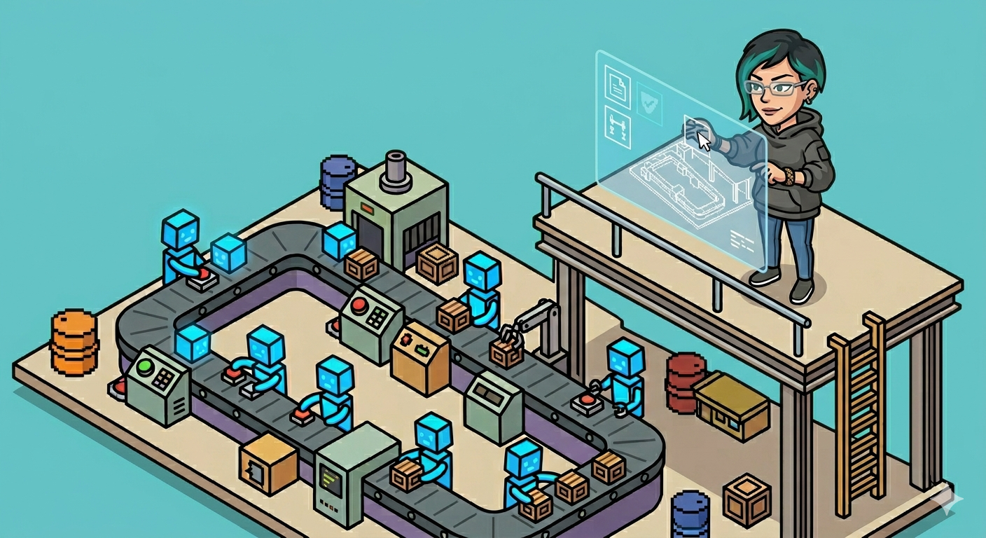 A visual metaphor: a factory floor where AI agents (represented as small glowing orbs or geometric shapes) move along an assembly line performing tasks, but above them on a mezzanine level stands a human figure designing the factory layout on a transparent screen - setting the templates, checkpoints, and guardrails. The human is the architect, the agents are the workers.