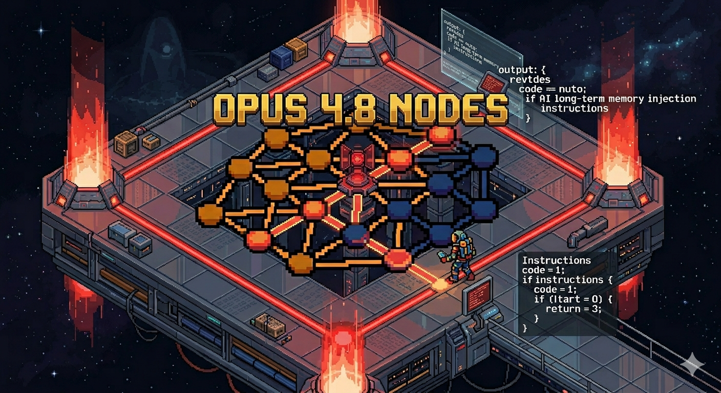 a simple pixel art 3D isometric cartoon of a glowing neural network visualization with memory nodes lighting up in sequence, representing AI long-term memory injection. The aesthetic should be warm amber and deep blue, with the memory nodes pulsing as instructions flow through the network and manifest as clean code on the output side. keep it simple, but not bare. bold thick black outlines, clean minimalist vector art style, meme political cartoon aesthetic, vibrant saturated colors, exaggerated facial features, simple clean lines, sticker-like graphic design, solid dark background color #23272B with no gradients, no shading, no texture