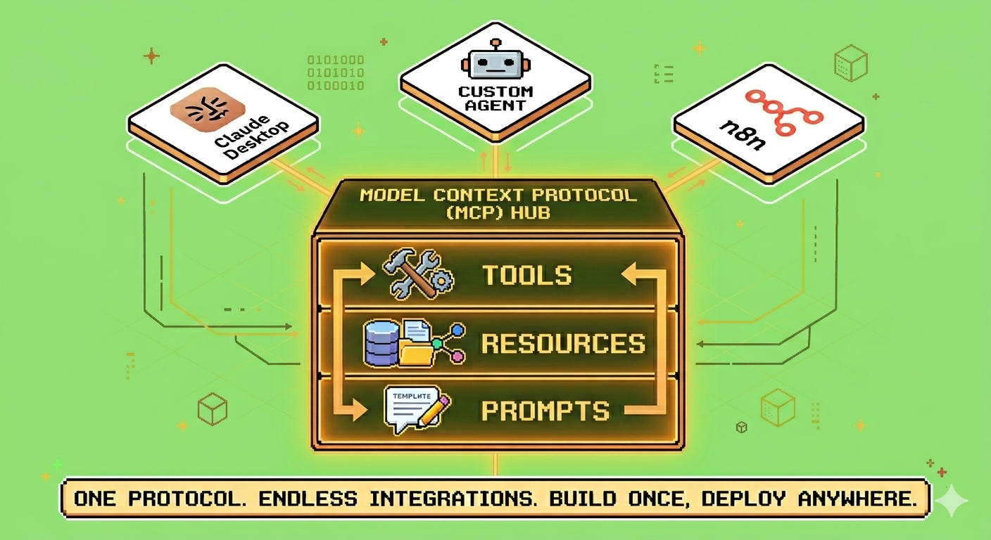 MCP Hub Diagram - A clean diagram showing three different platforms (Claude Desktop, a custom agent, n8n) all connected to the same central MCP server via clean lines. The MCP server has three labelled sections: Tools, Resources, Prompts. The visual makes it immediately obvious that one build works across everything. Style: clean tech illustration, dark background, the MCP hub glows amber, platforms are clean white outlined boxes, connections are solid lines. Apple-keynote-clean aesthetic