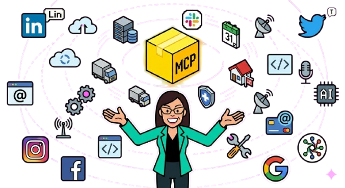 An illustration showing a growing ecosystem: a glowing MCP symbol in the centre with concentric rings of icons expanding outward — the inner ring has a few tools (email, files, web), the middle ring has more (databases, Slack, calendars), the outer ring has industry-specific tools (real estate, healthcare, logistics) with a "coming soon" glow. The visual shows momentum and growth. Style: clean, minimal, dark background, amber centre fading to cooler outer rings, feels expansive and optimistic.