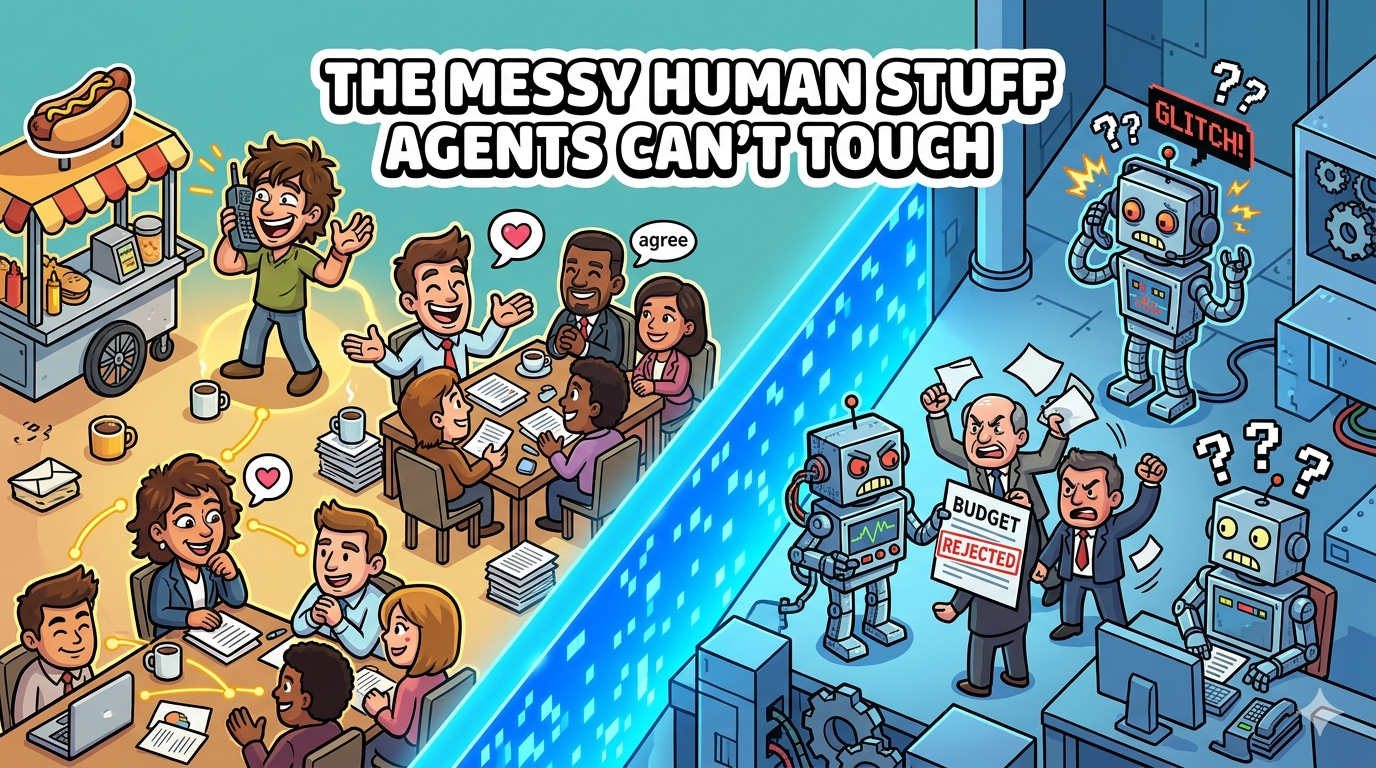 A visual metaphor: The messy human stuff agents can't touch. Calling a vendor when the API is down. Persuading a stakeholder to approve a budget. Reading the room in a client meeting and adjusting the approach in real time. The soft stuff. The relationship stuff. That's the moat and it's getting wider.